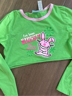 Y2k happy bunny Green & Pink Bunny Graphic Long Sleeve Crop Top